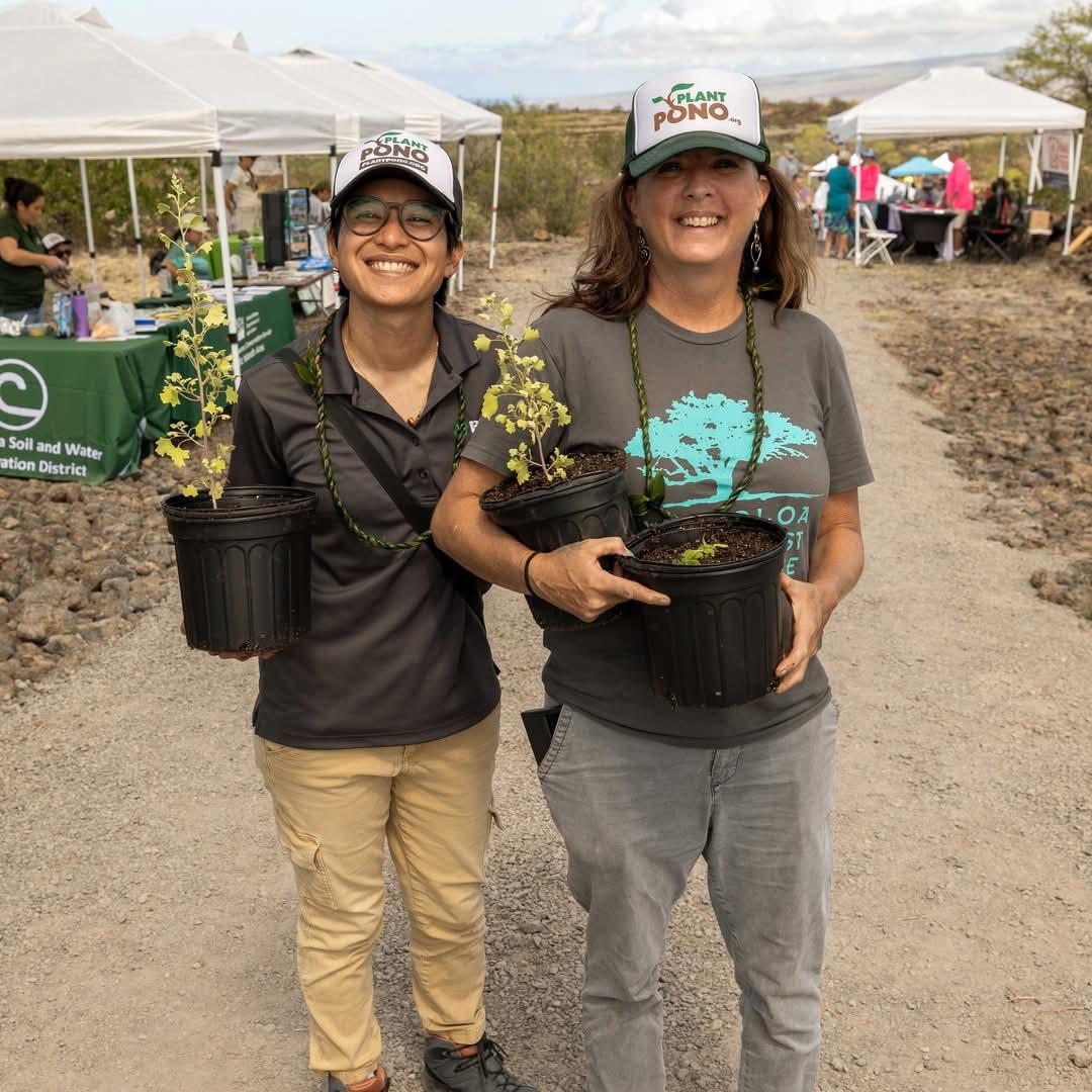 Our Plant Pono workshop facilitators happy as can be at our Wiliwili Fest planting workshop with some ʻāweoweo keiki.
