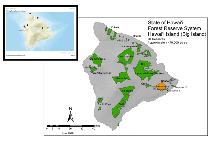 Map of all the 20 forest reserves on Hawaii Island.