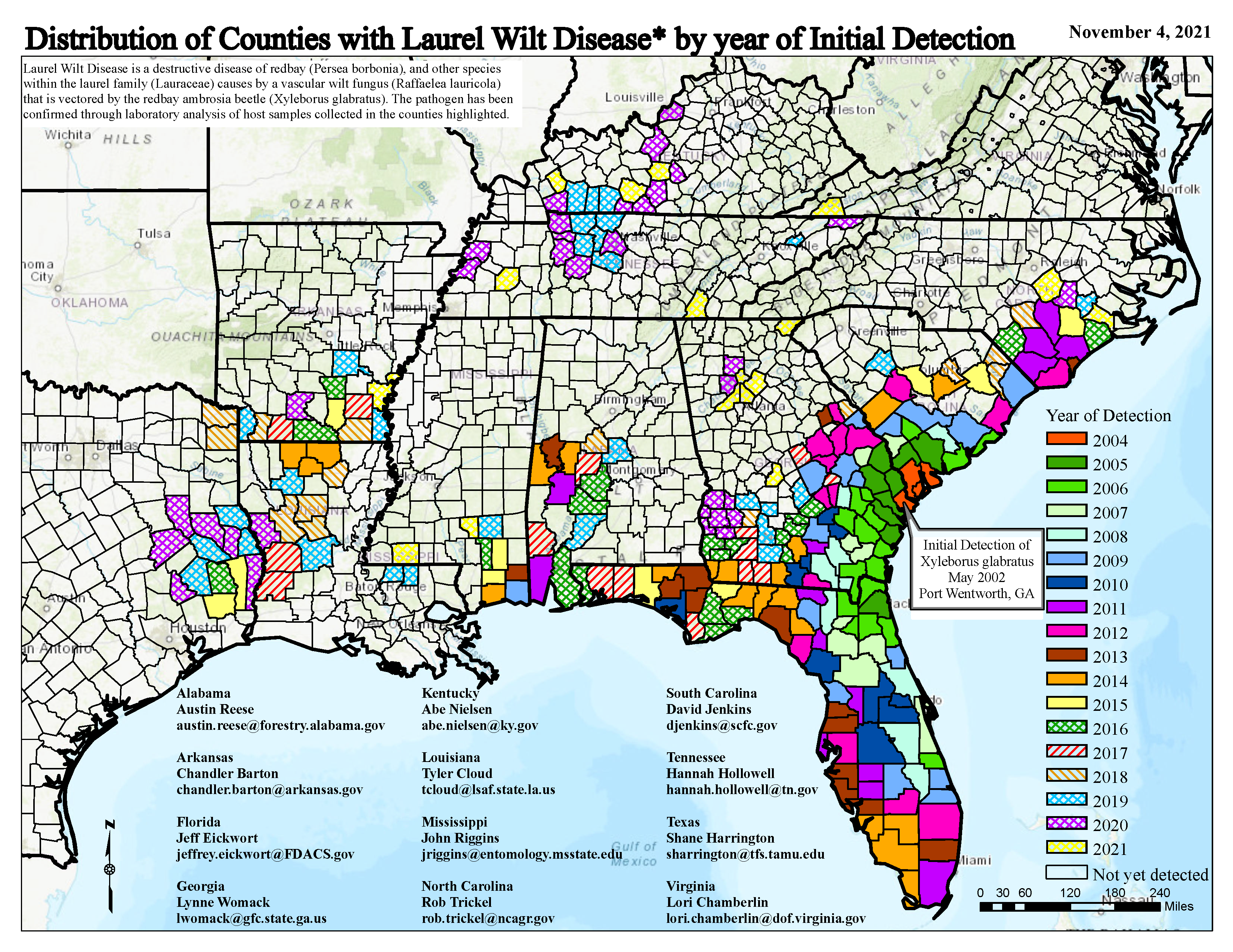 Map of the Southeastern portion of the US highlighting counties where Laurel Wilt is present.