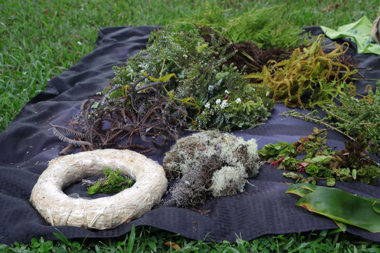 Black sheet on grass with the wreath base and foliage in piles on top.