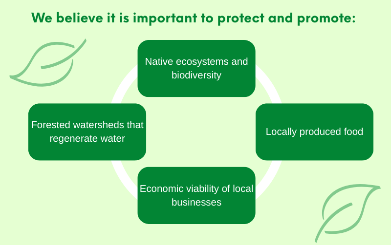 We believe it is important to protect and promote: native ecosystems and biodiversity. locally produced food. Forested watersheds that regenerate water. Economic viability of local businesses